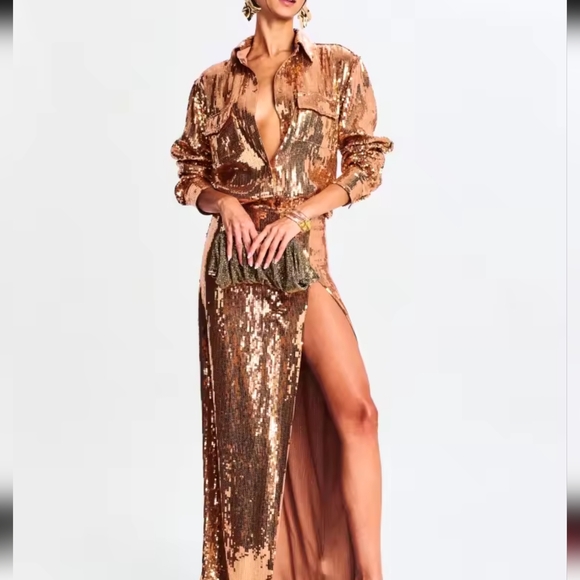 Sexy Turn-down Collar Long Sleeve Gold Mesh Sequins Midi Skirt Set - Picture 3 of 10